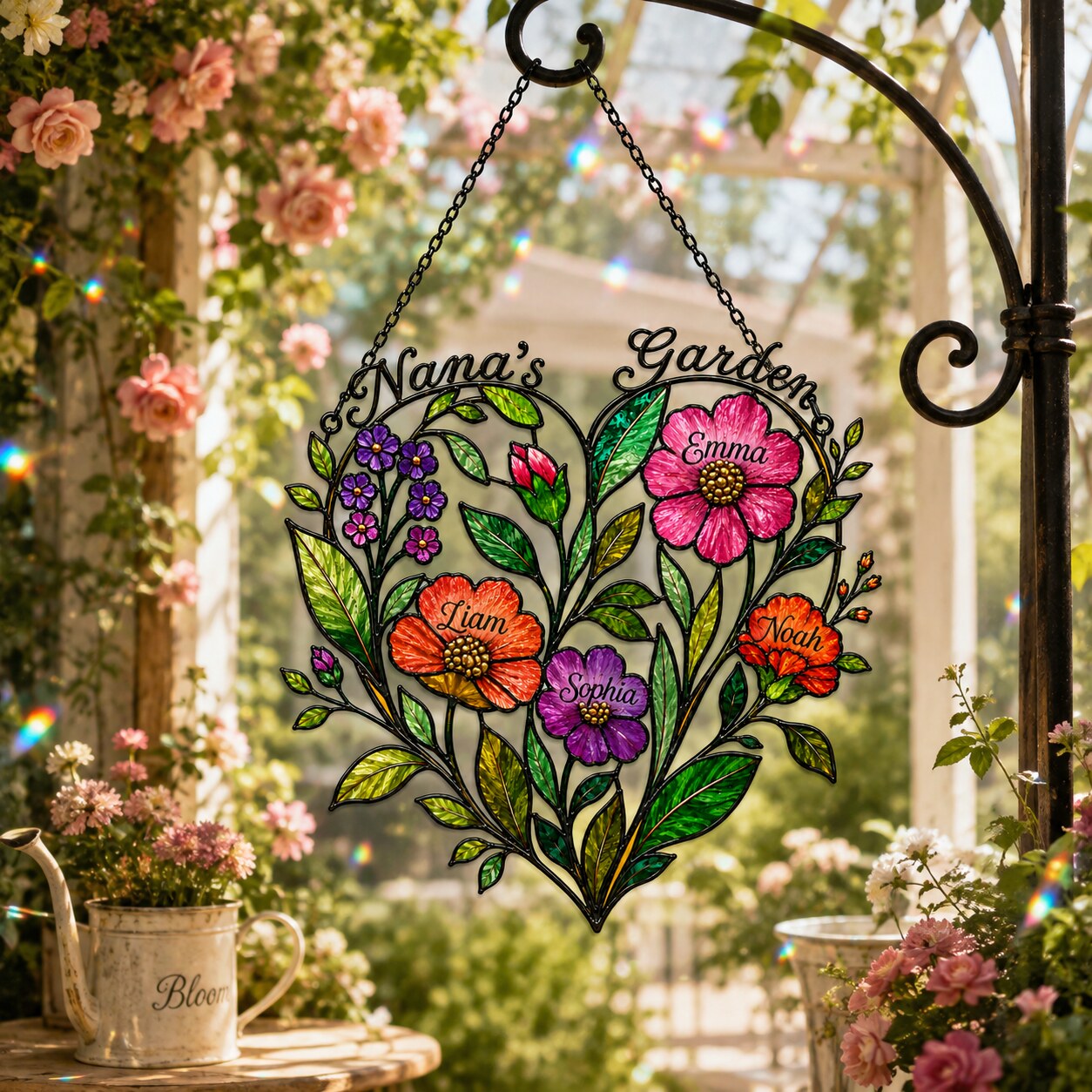 Personalized Nana's Garden Wildflower Heart Holographic Acrylic Suncatcher