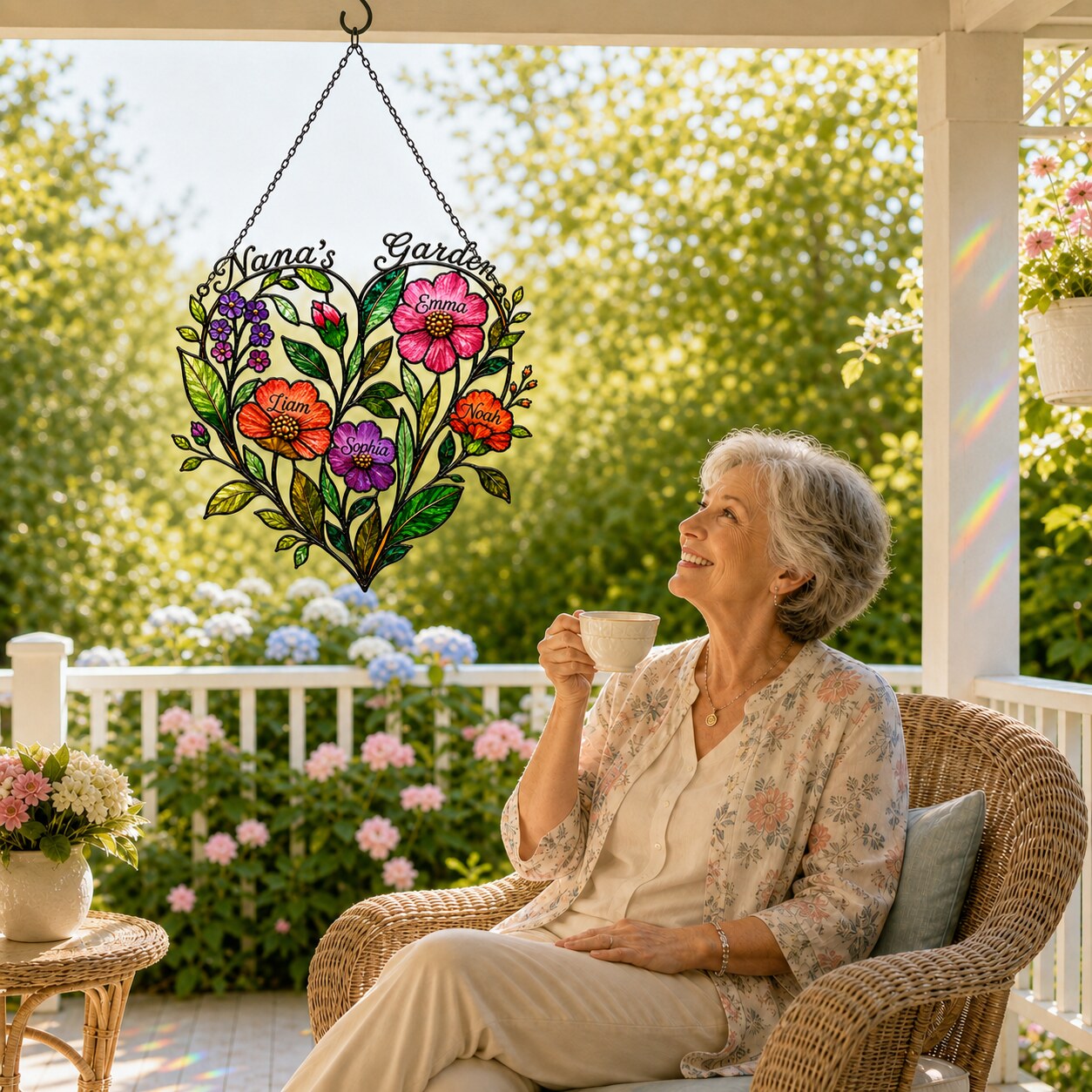 Personalized Nana's Garden Wildflower Heart Holographic Acrylic Suncatcher