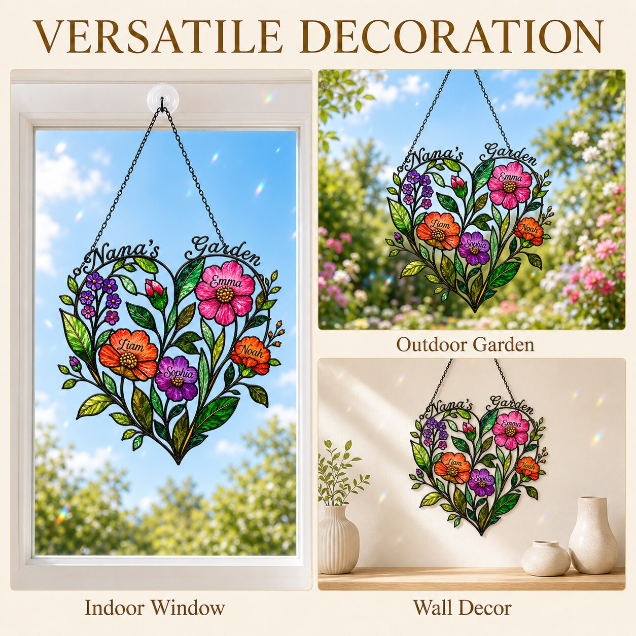 Personalized Nana's Garden Wildflower Heart Holographic Acrylic Suncatcher