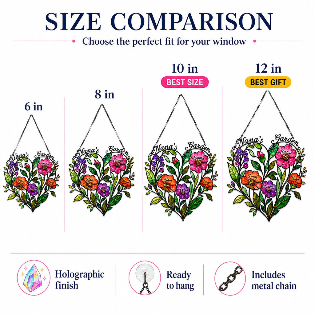 Personalized Nana's Garden Wildflower Heart Holographic Acrylic Suncatcher