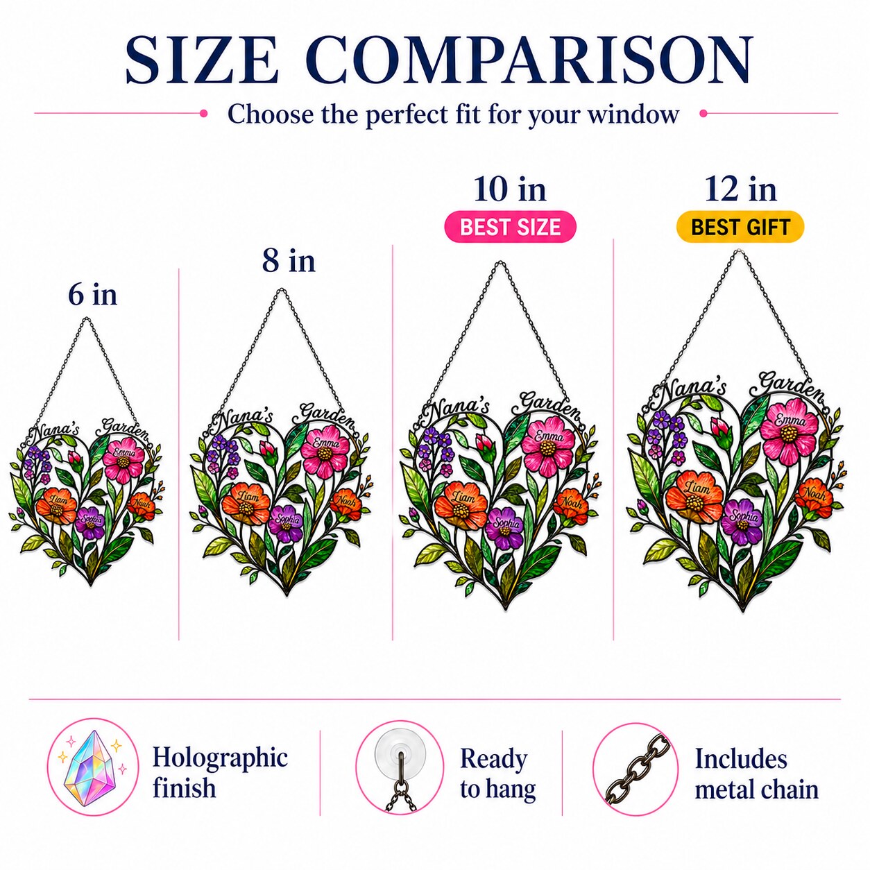 Personalized Nana's Garden Wildflower Heart Holographic Acrylic Suncatcher