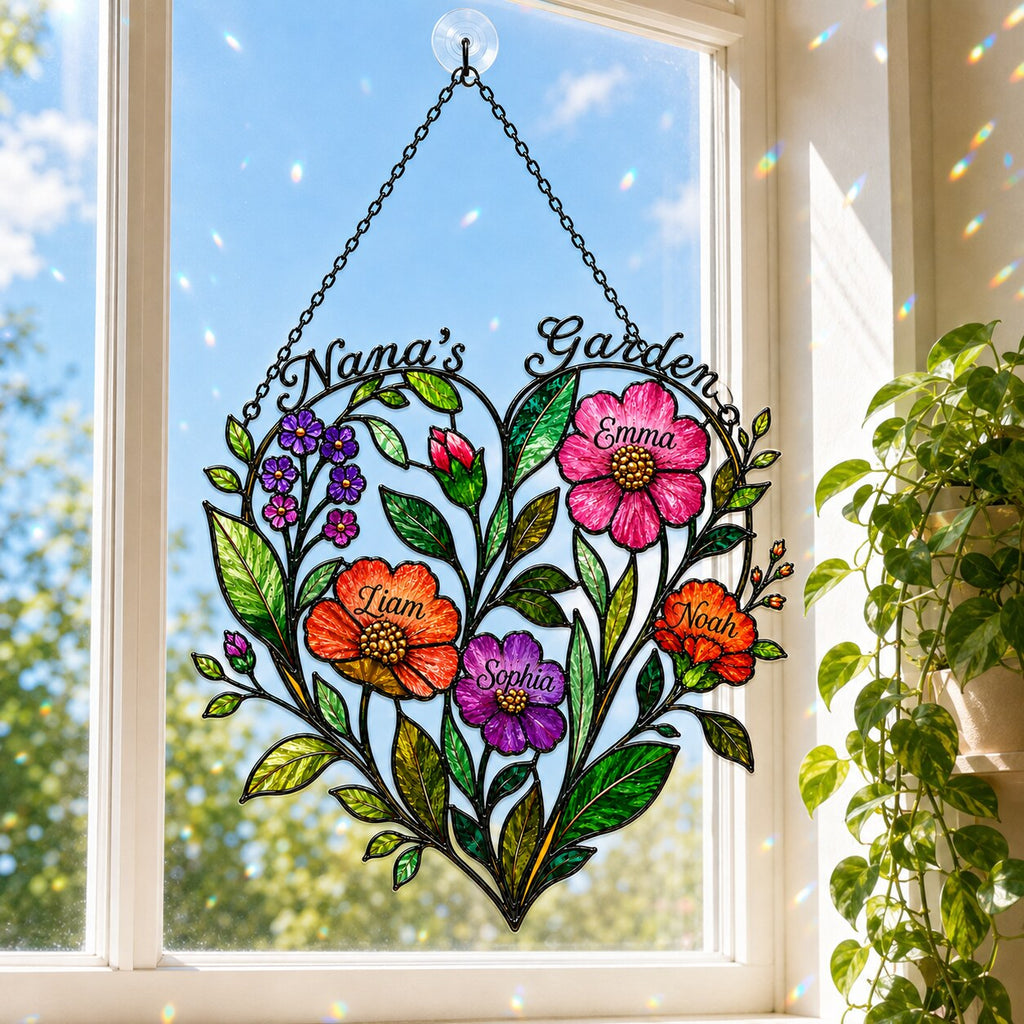 Personalized Nana's Garden Wildflower Heart Holographic Acrylic Suncatcher