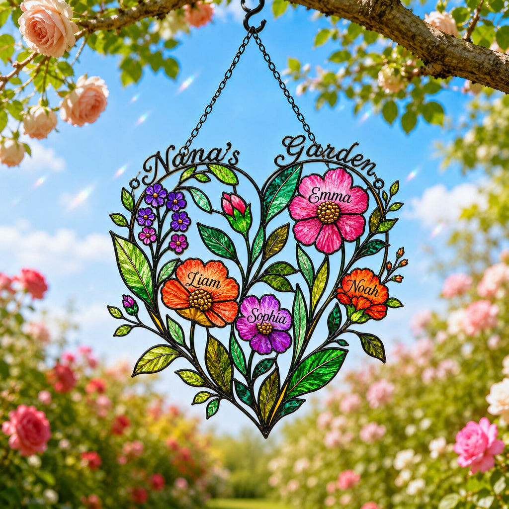 Personalized Nana's Garden Wildflower Heart Holographic Acrylic Suncatcher