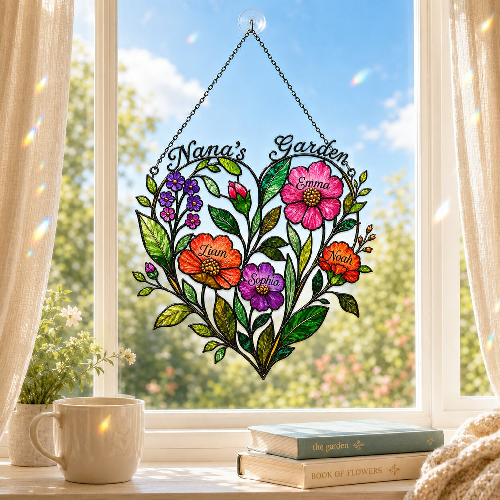 Personalized Nana's Garden Wildflower Heart Holographic Acrylic Suncatcher