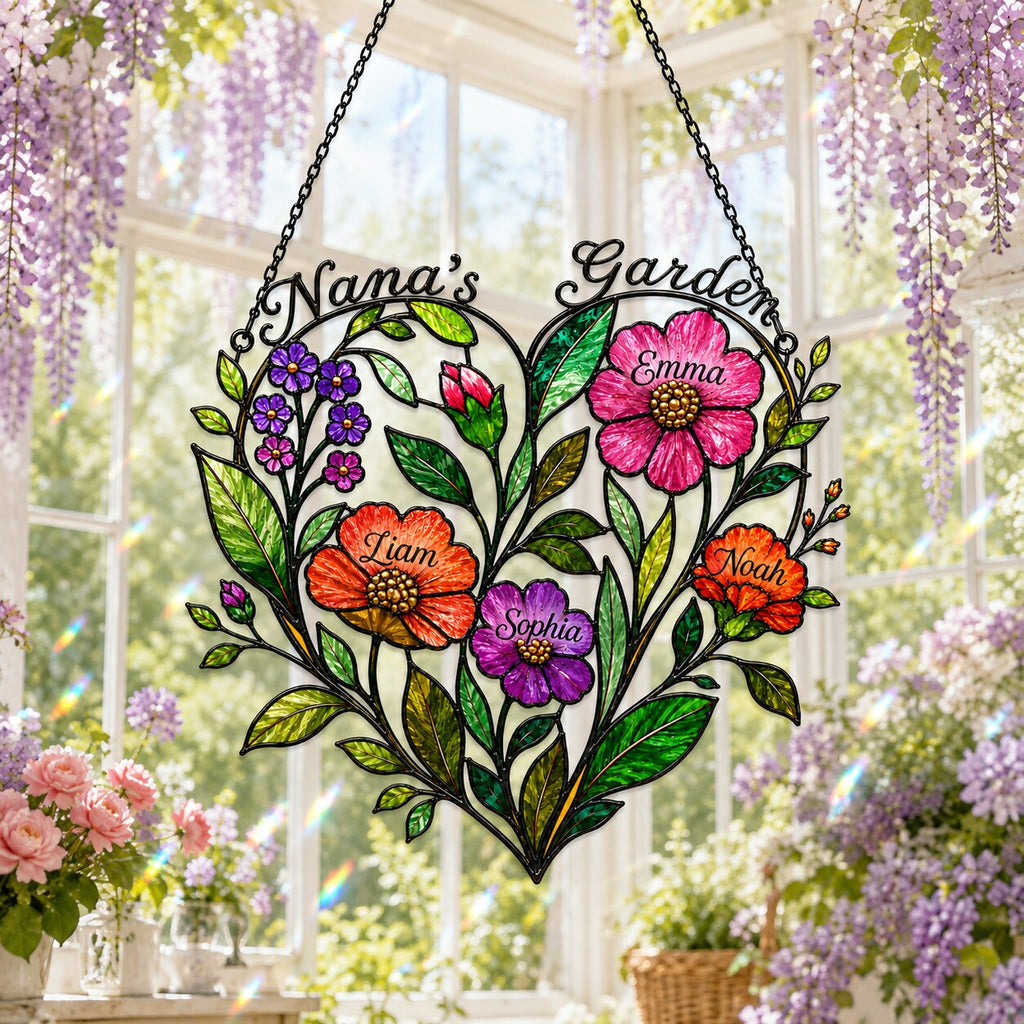 Personalized Nana's Garden Wildflower Heart Holographic Acrylic Suncatcher