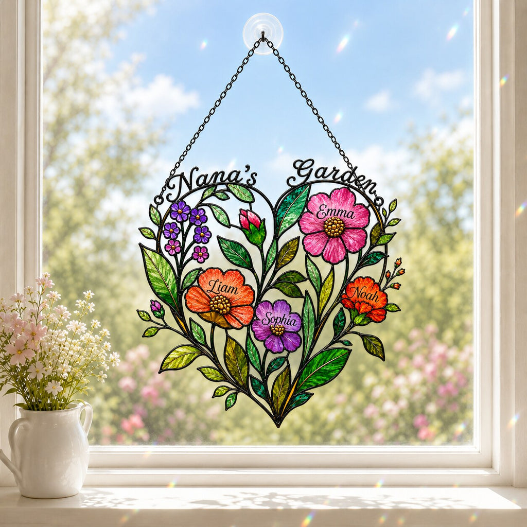 Personalized Nana's Garden Wildflower Heart Holographic Acrylic Suncatcher