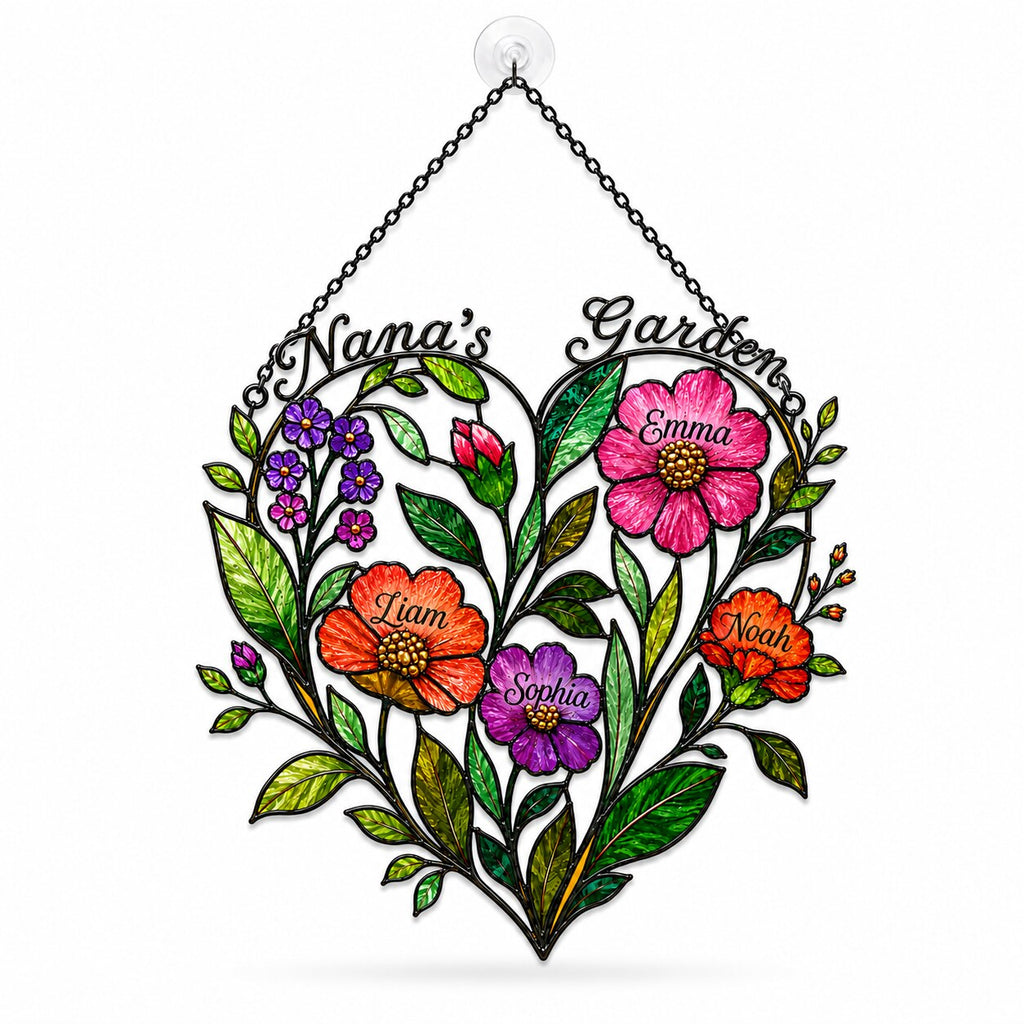 Personalized Nana's Garden Wildflower Heart Holographic Acrylic Suncatcher