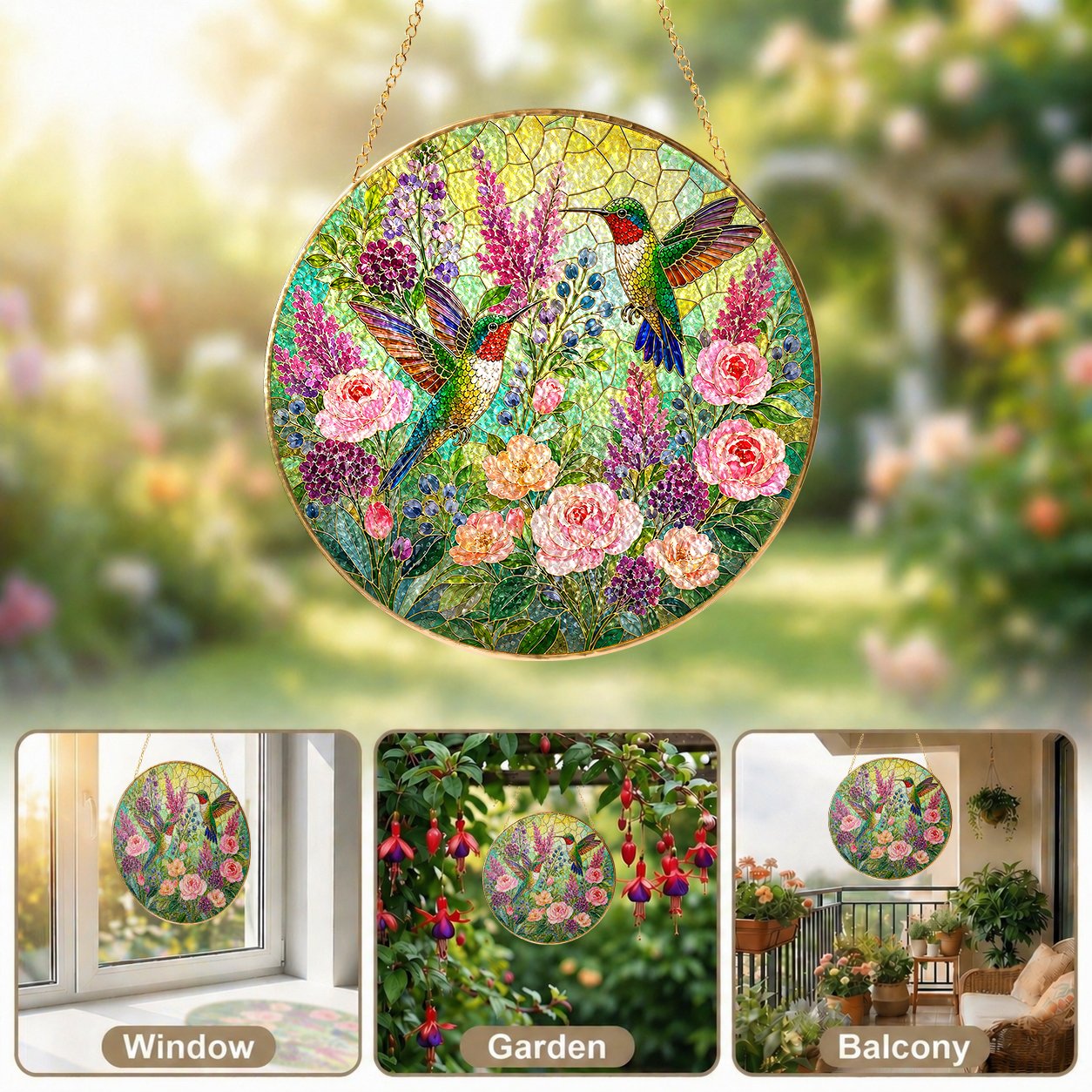 Hummingbird Floral Stained Glass Suncatcher