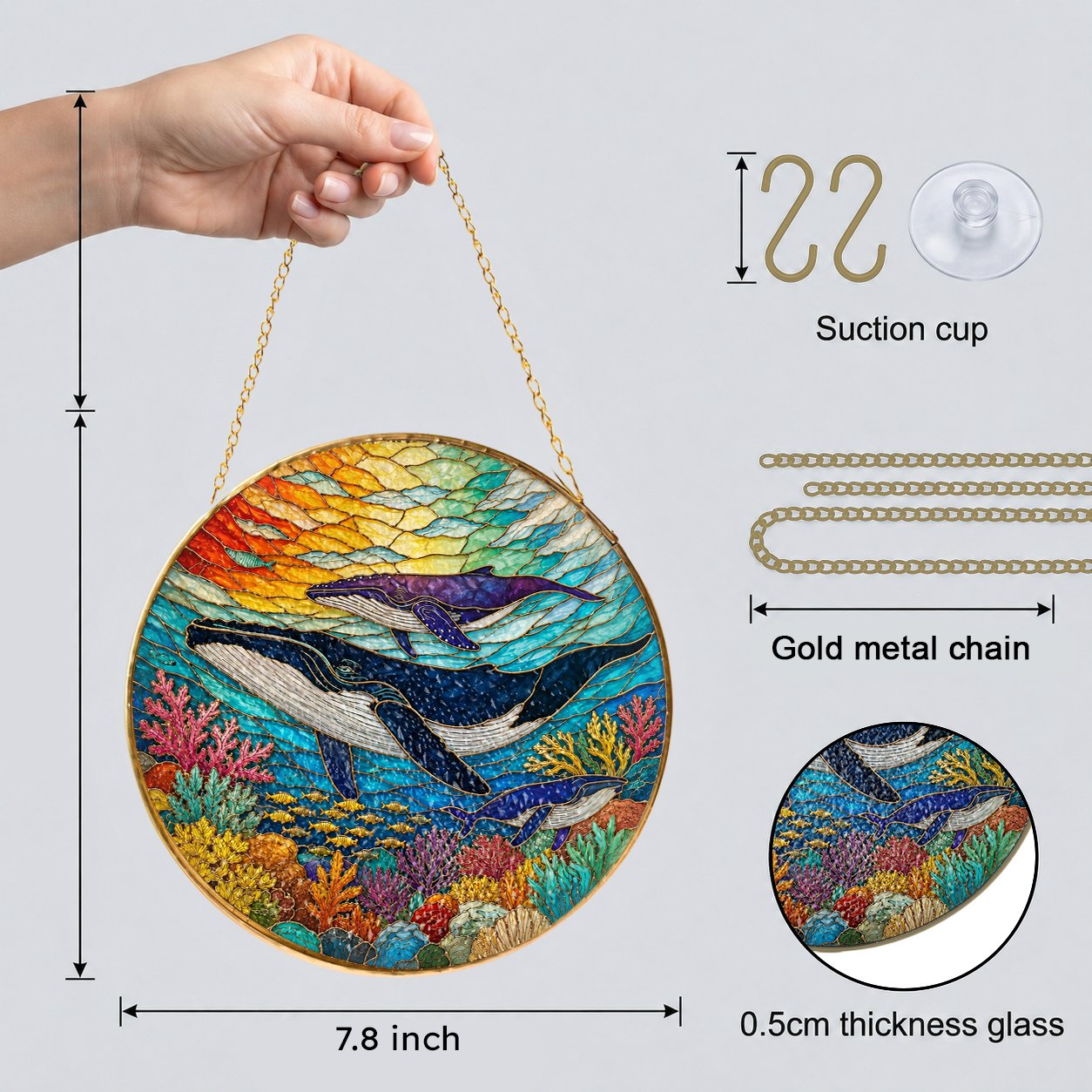Whale Ocean Stained Glass Suncatcher