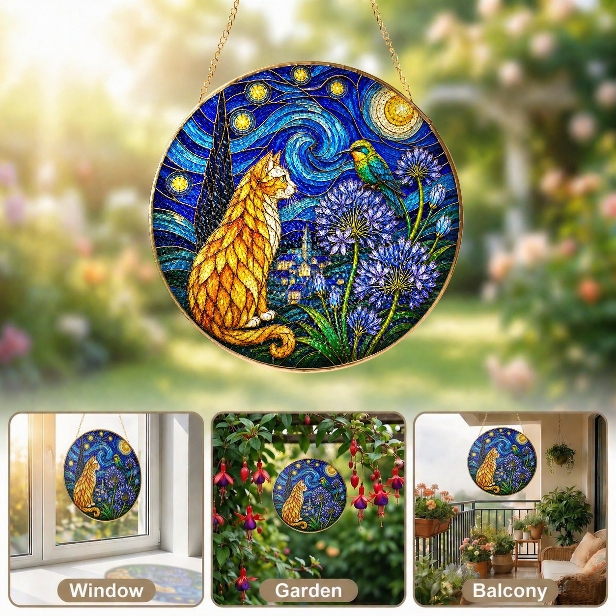 Starry Night Cat Stained Glass Suncatcher
