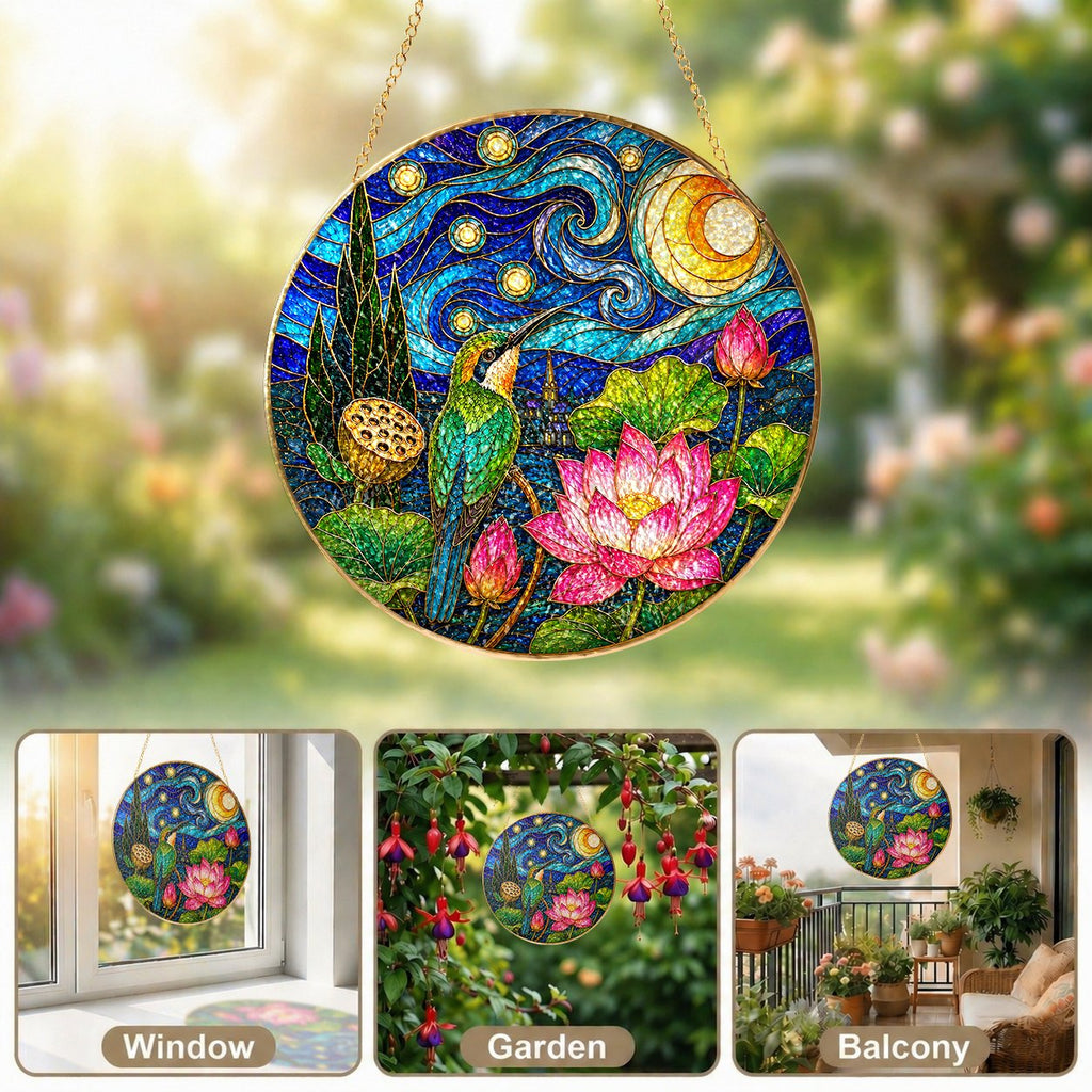Hummingbird Lotus Stained Glass Suncatcher