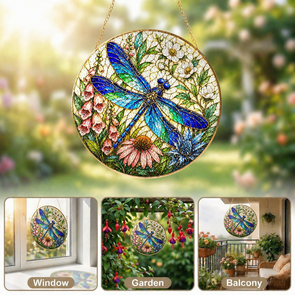 Dragonfly Floral Stained Glass Suncatcher