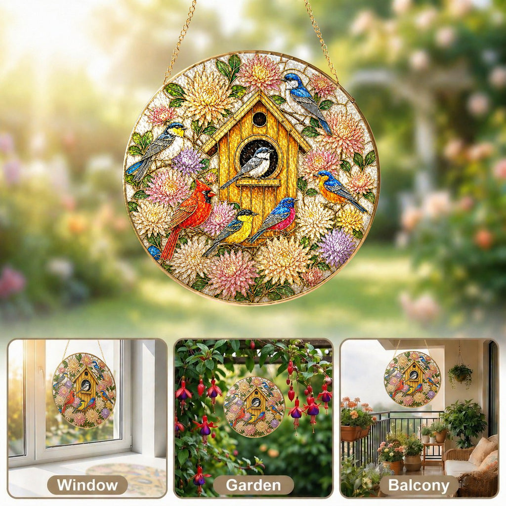 Birdhouse Birds Stained Glass Suncatcher