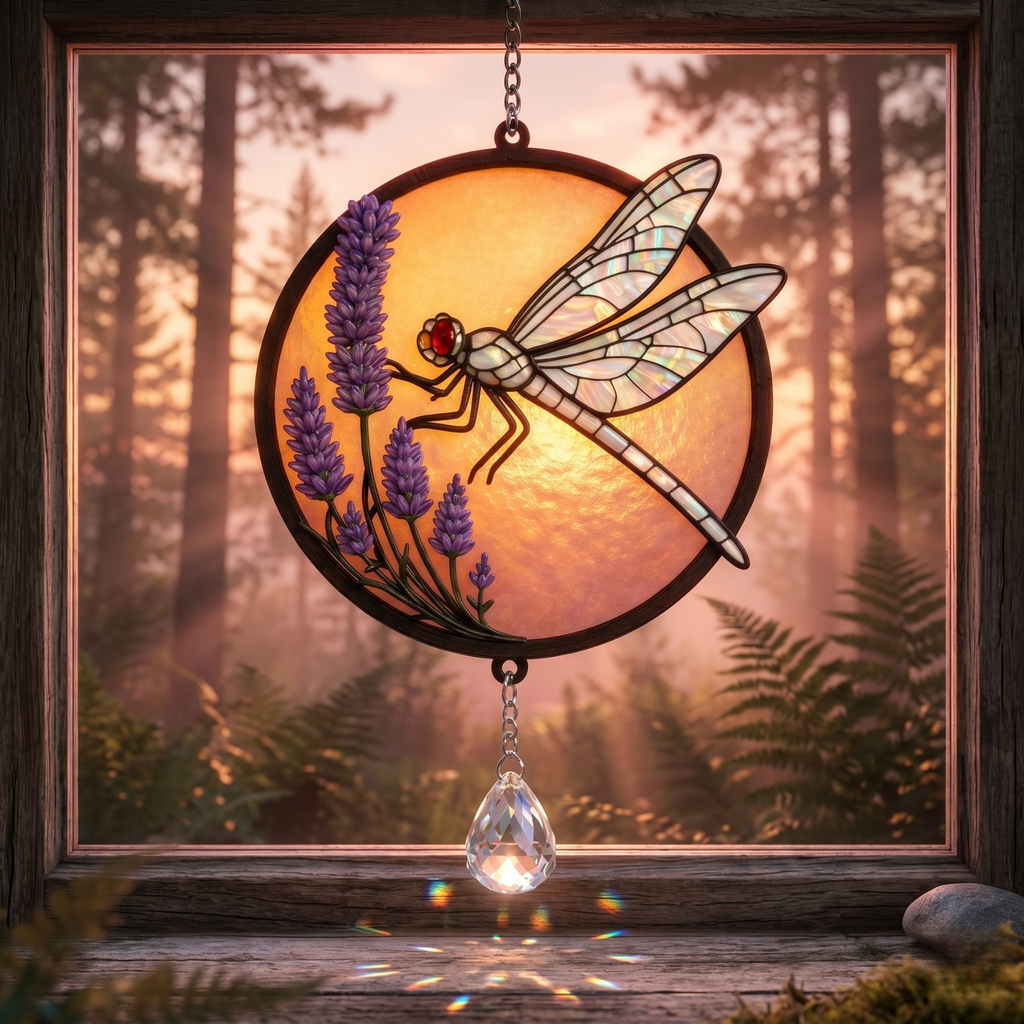 Dragonfly Stained Glass Suncatcher Window Hanging with Crystal Prism