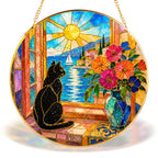 Black Cat & Seaside Window Stained Glass Suncatcher