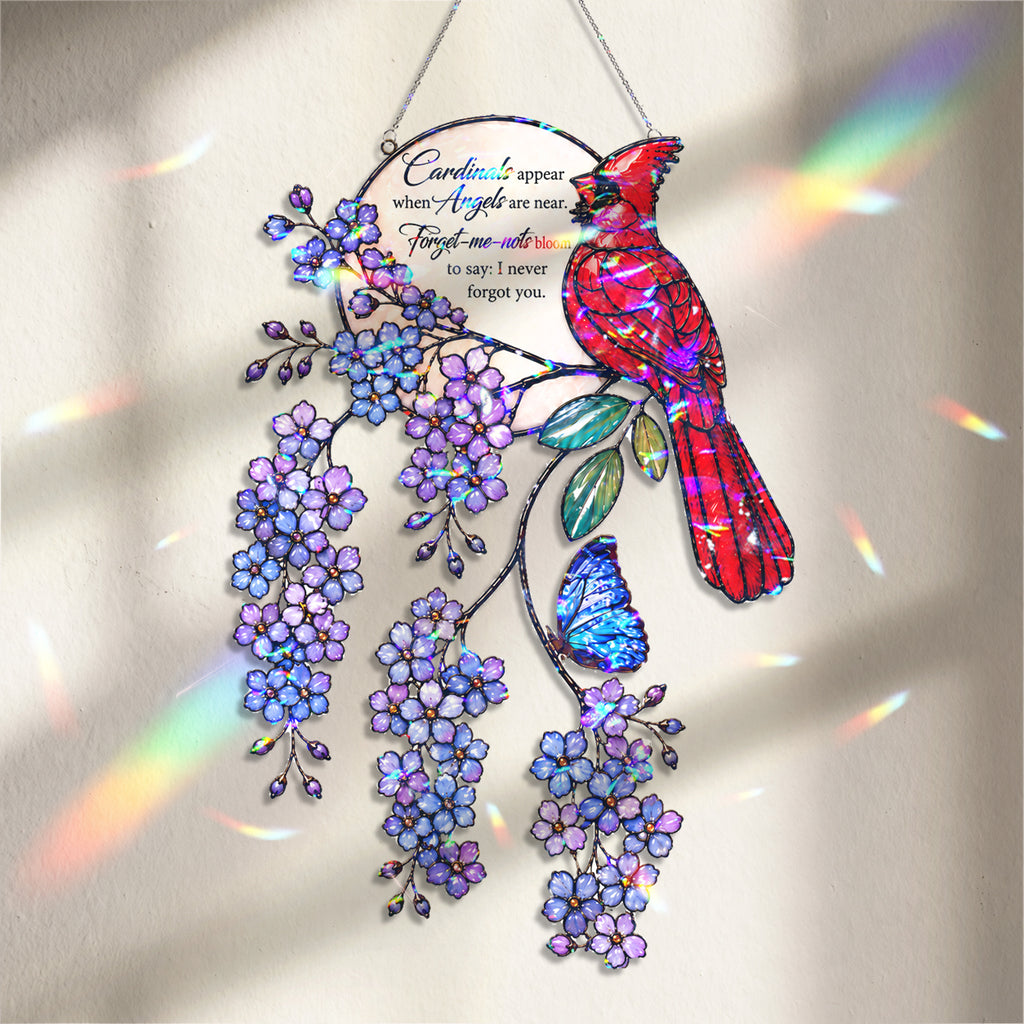 Cardinal & Forget-Me-Not Memorial Moon Holographic Acrylic Suncatcher