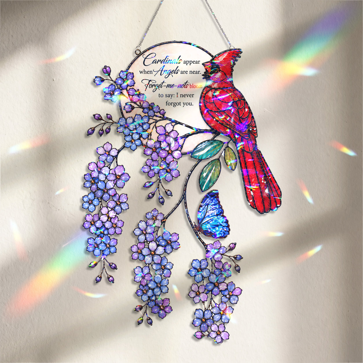 Cardinal & Forget-Me-Not Memorial Moon Holographic Acrylic Suncatcher