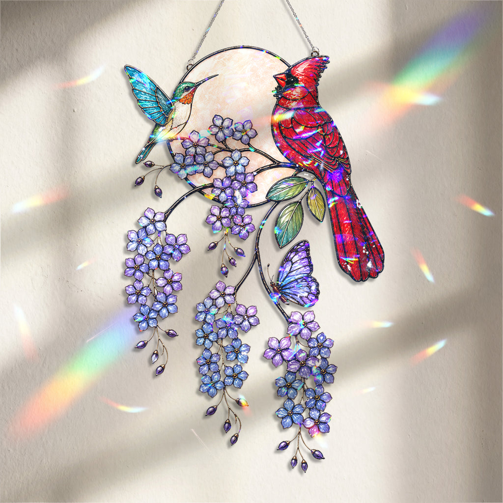 Cardinal & Hummingbird Forget-Me-Not Moon Holographic Acrylic Suncatcher