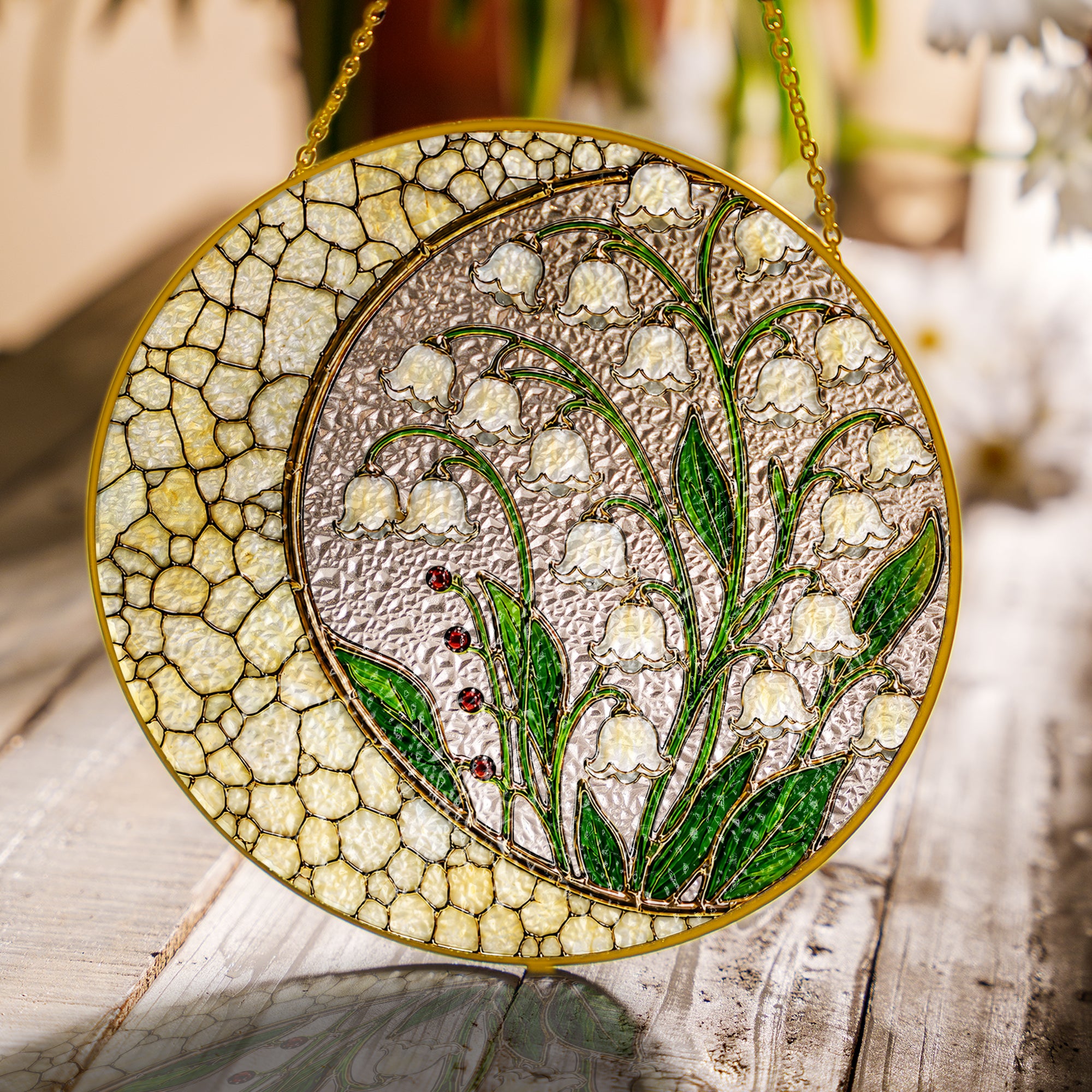 Lily of the Valley Stained Glass Suncatcher – Crescent Moon