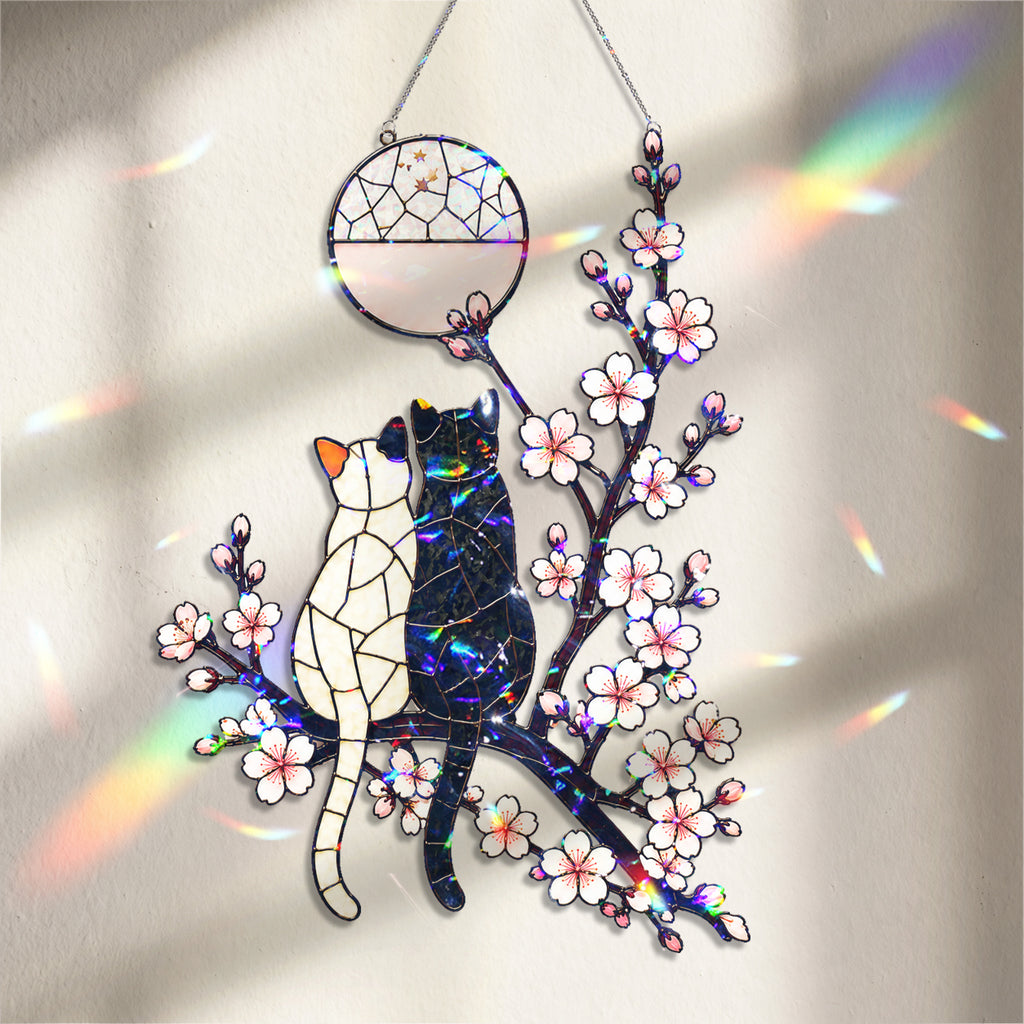 Cat Couple & Cherry Blossom Moon Holographic Acrylic Suncatcher