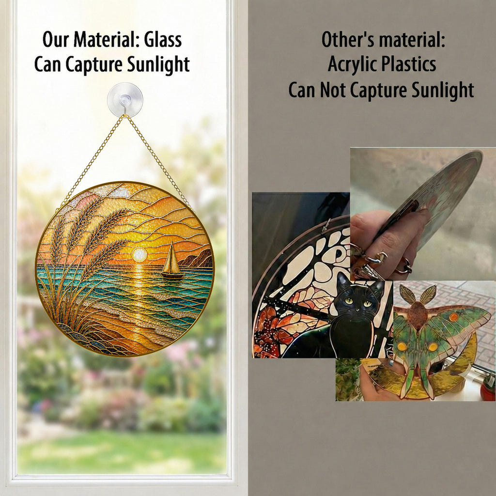 [PIXIWOO] Stained Glass Suncatcher Ocean Sunset Window Hanging Decor, Beach Sun Catcher Ornament with Sailboat, Coastal Wall Art for Window, Nautical Home Decor Gift for Beach Lovers