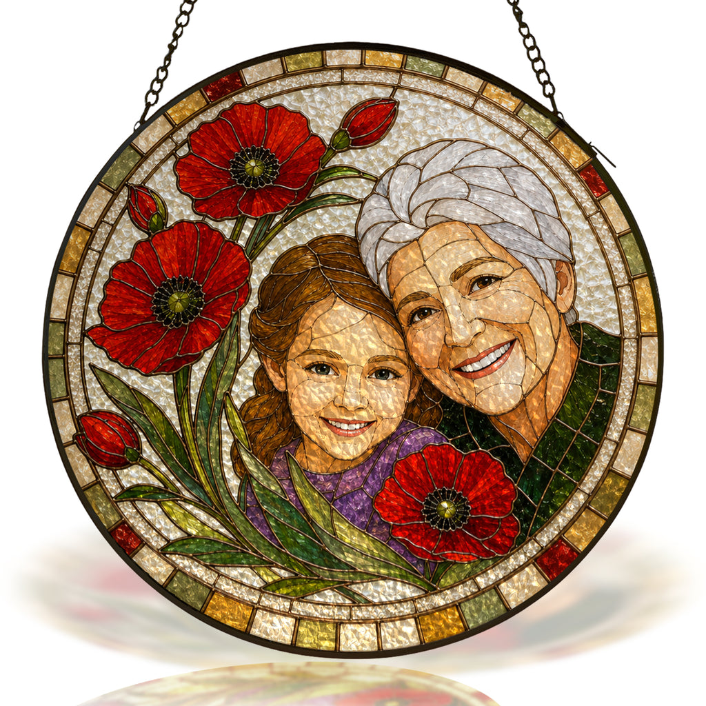 Personalized Photo Grandma Suncatcher – Custom Portrait &amp; Poppies Stained Glass Window Hanging
