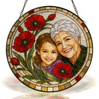 Personalized Photo Grandma Suncatcher – Custom Portrait &amp; Poppies Stained Glass Window Hanging
