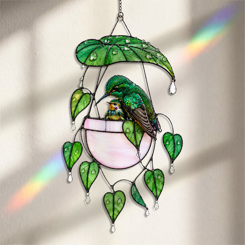 Hummingbird & Hanging Planter Holographic Acrylic Suncatcher