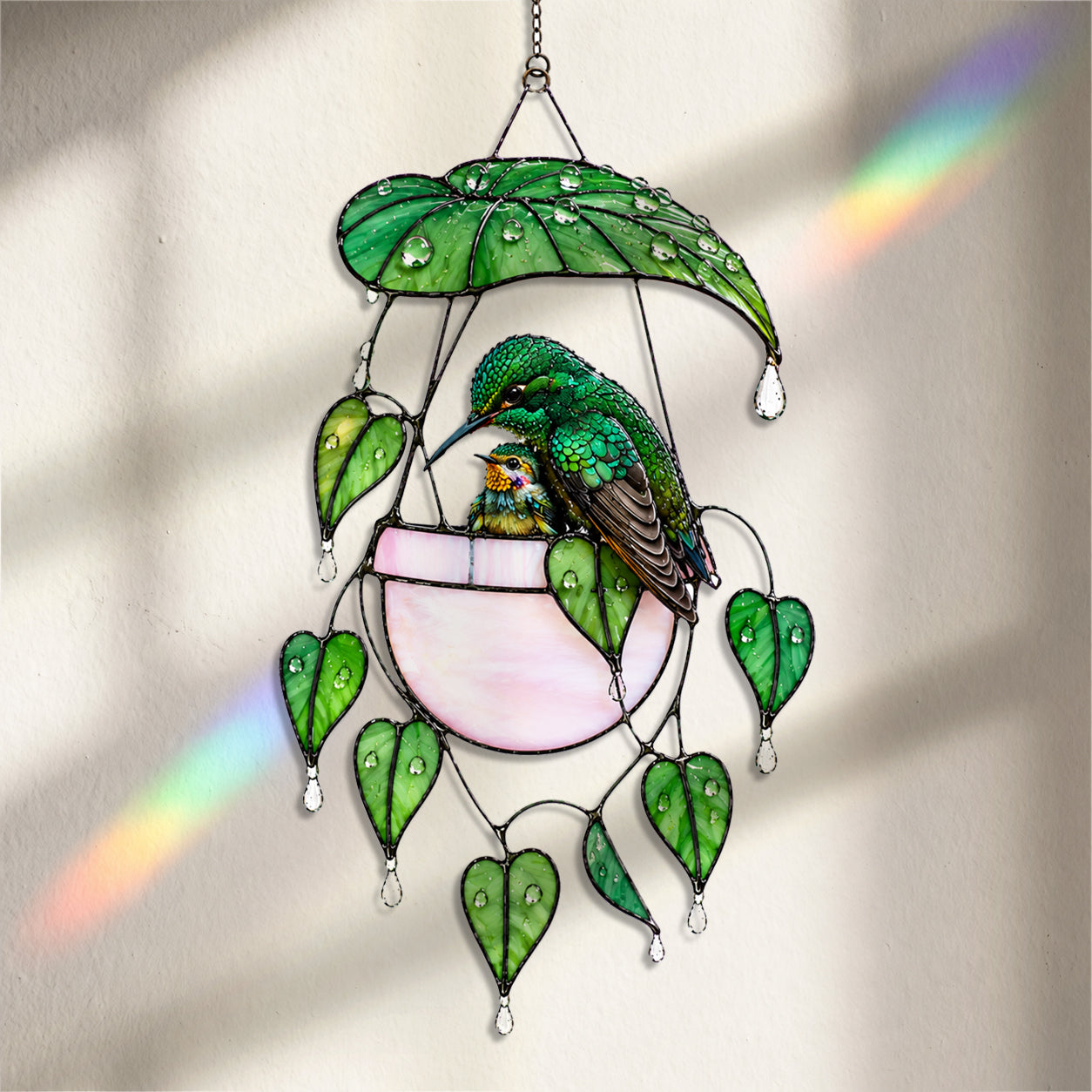Hummingbird & Hanging Planter Holographic Acrylic Suncatcher