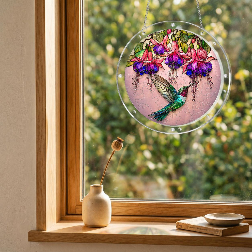 Hummingbird fuchsia puzzle suncatcher mounted on a clear round acrylic frame
