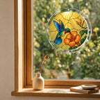 Hummingbird hibiscus puzzle suncatcher mounted on a clear round acrylic frame