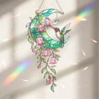 Hummingbird Teal Crescent Moon Holographic Acrylic Suncatcher with Crystal