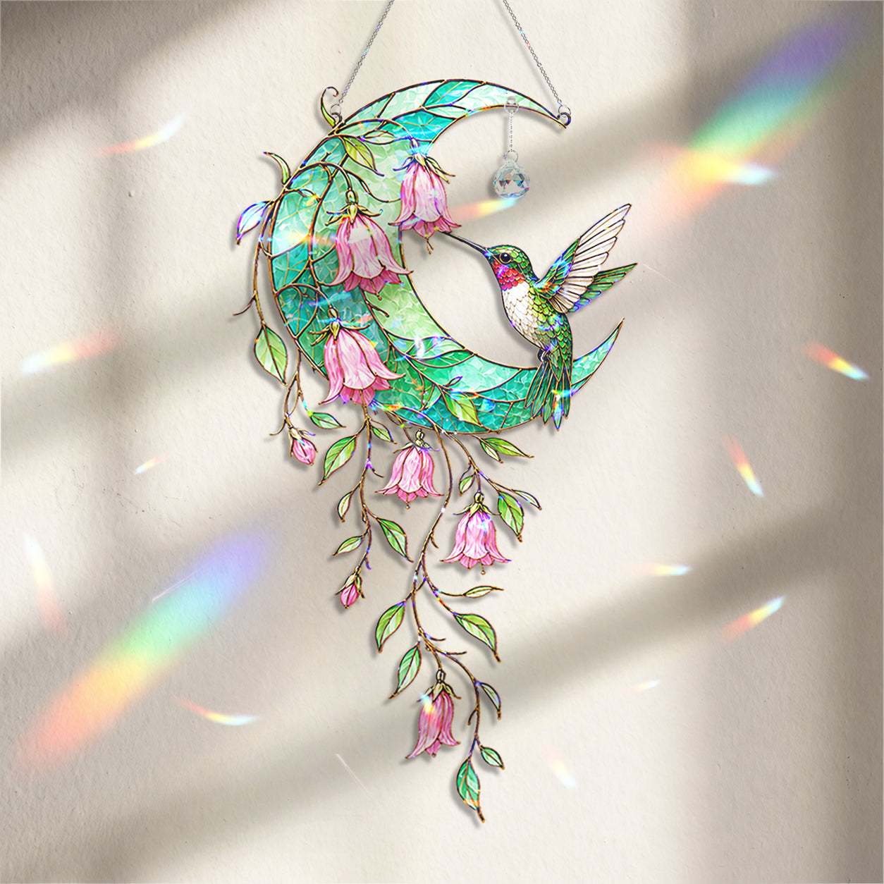 Hummingbird Teal Crescent Moon Holographic Acrylic Suncatcher with Crystal