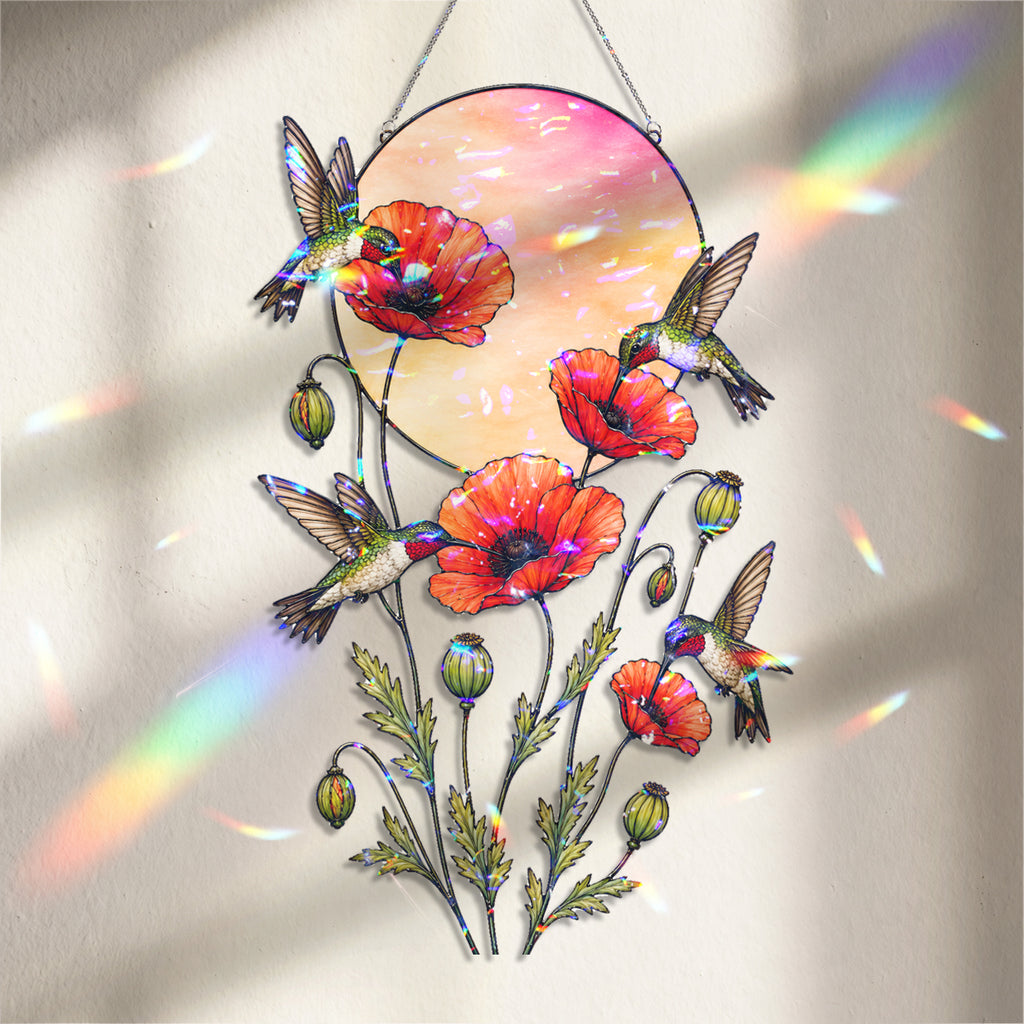 Hummingbirds & Red Poppy Sunset Moon Holographic Acrylic Suncatcher