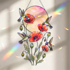Hummingbirds & Red Poppy Sunset Moon Holographic Acrylic Suncatcher