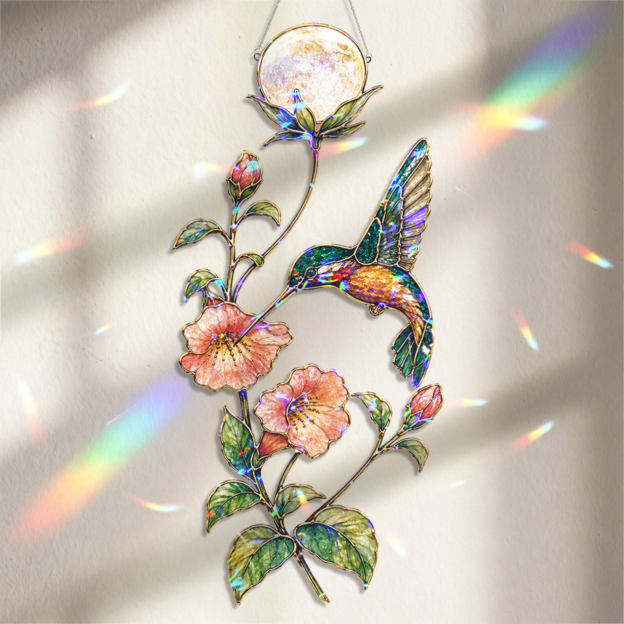 Hummingbird & Trumpet Flower Pearl Moon Holographic Acrylic Suncatcher