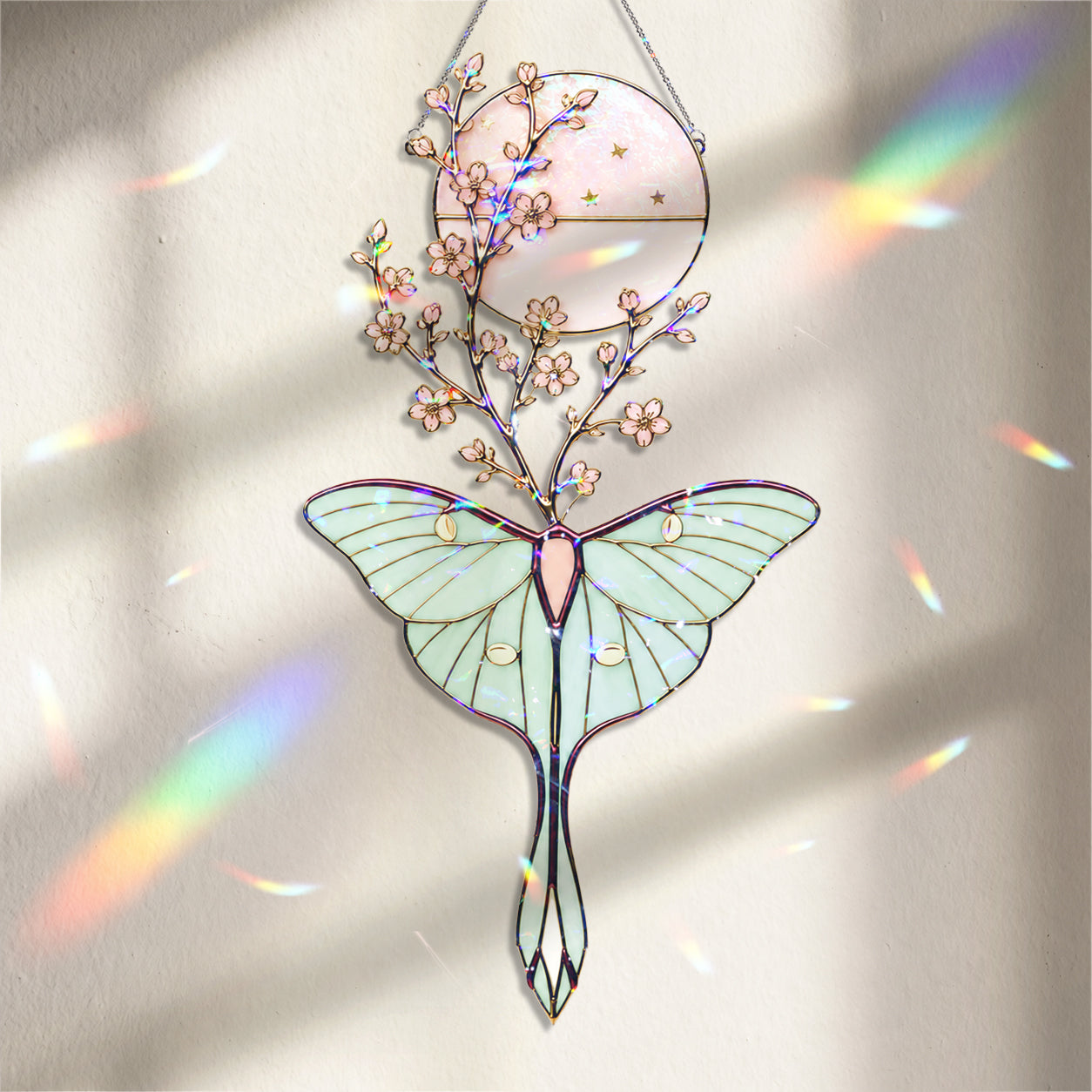 Luna Moth & Cherry Blossom Moon Holographic Acrylic Suncatcher