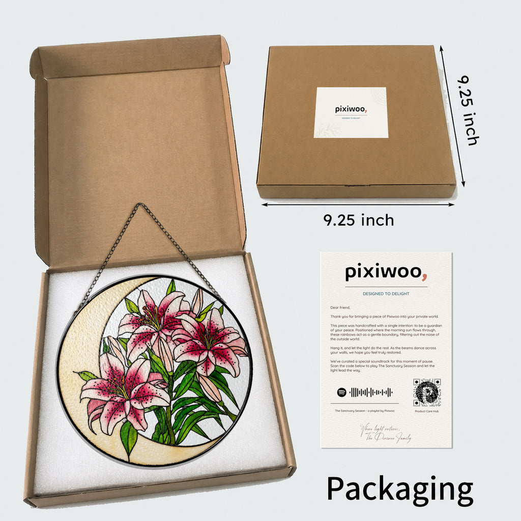 Pink lily suncatcher in Pixiwoo gift box with protective foam, a thoughtful gift