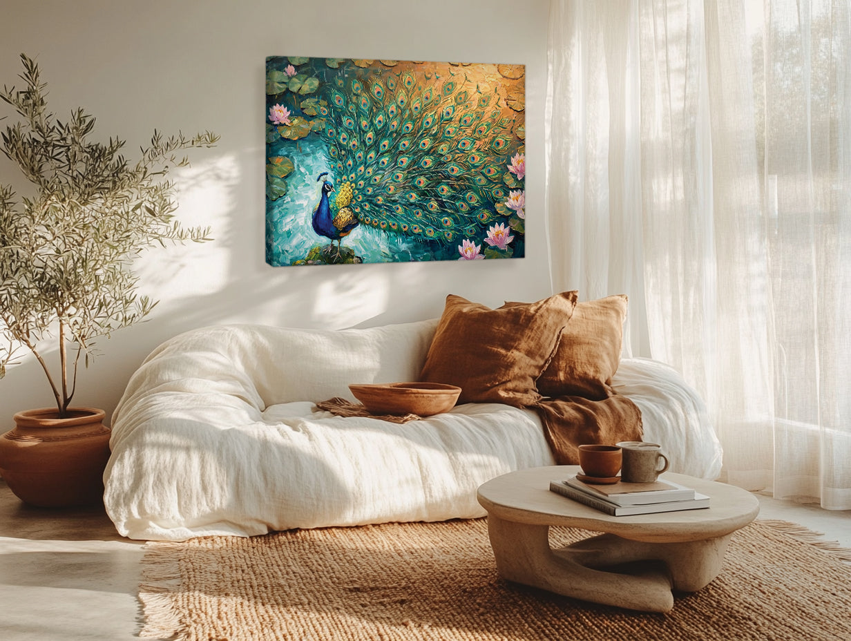 Peacock Canvas Wall Art Teal Blue Green Peacock Painting, 3D Feather Look for Living Room Bedroom Office
