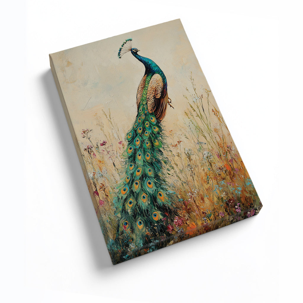 Peacock Canvas Wall Art Vintage Peacock Painting with Wildflowers
