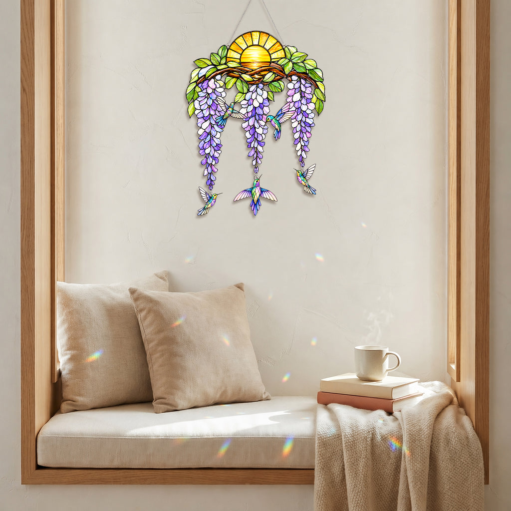 Stained Glass Hummingbird Suncatcher Window Hanging , Colorful Rainbow Window Decor
