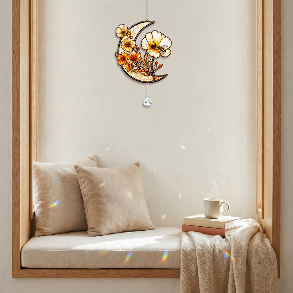Crescent Moon Stained Glass Suncatcher with Flowers and Bee
