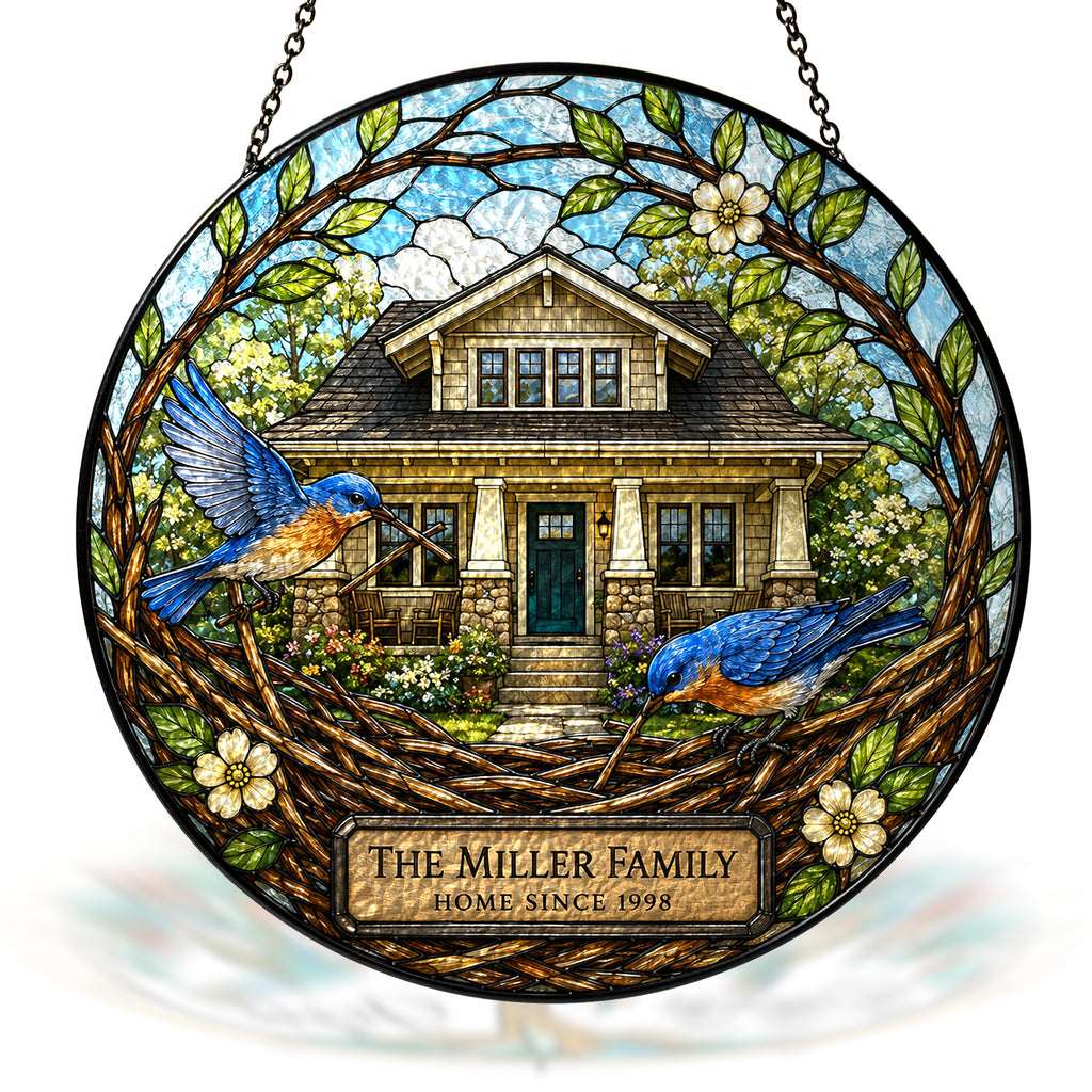 Personalized Family Name Home Bluebird Nest Stained Glass Suncatcher