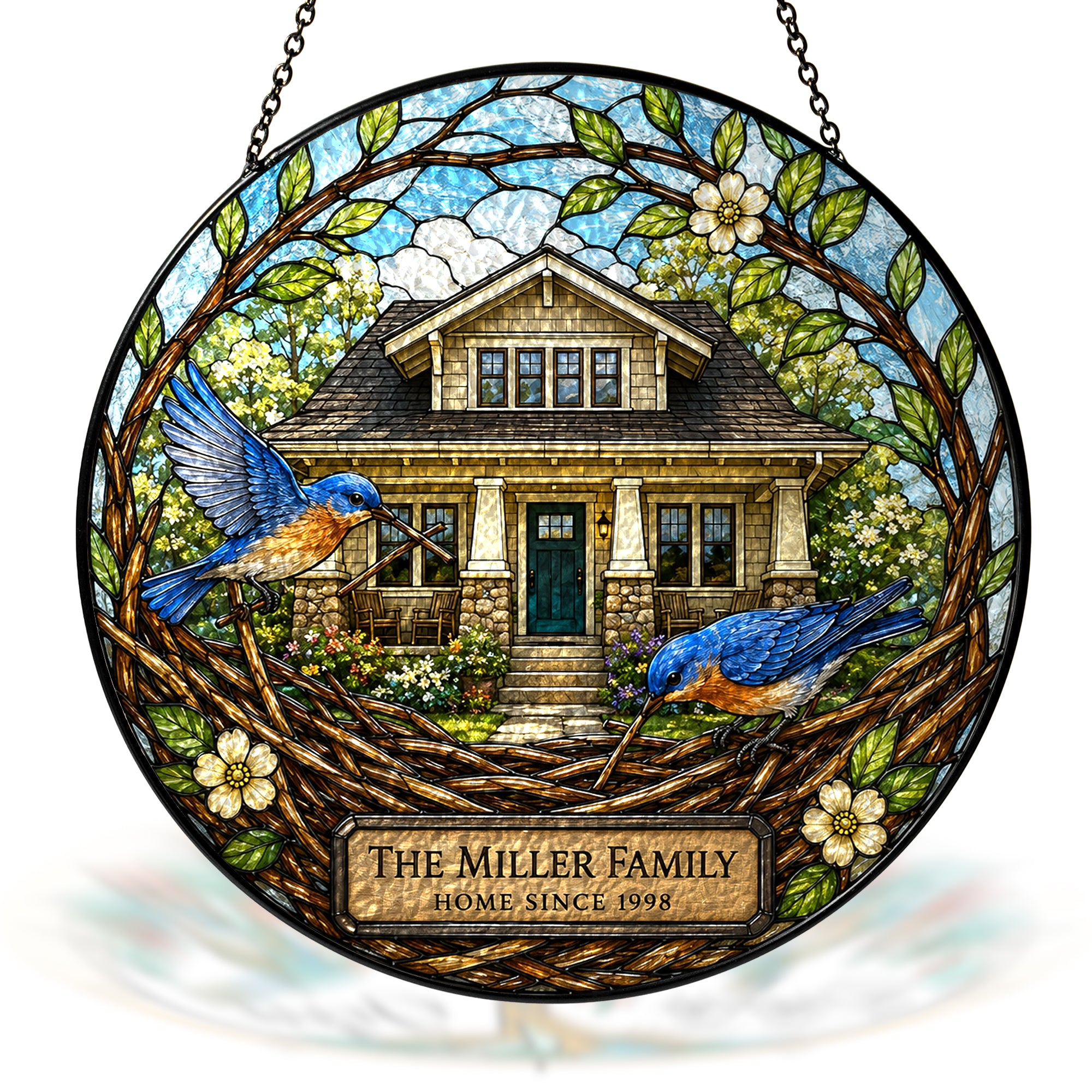 Personalized Family Name Home Bluebird Nest Stained Glass Suncatcher