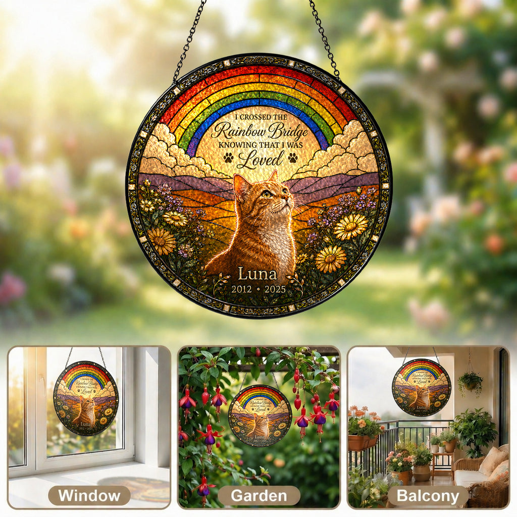 Personalized Rainbow Bridge Cat Memorial Glass Suncatcher