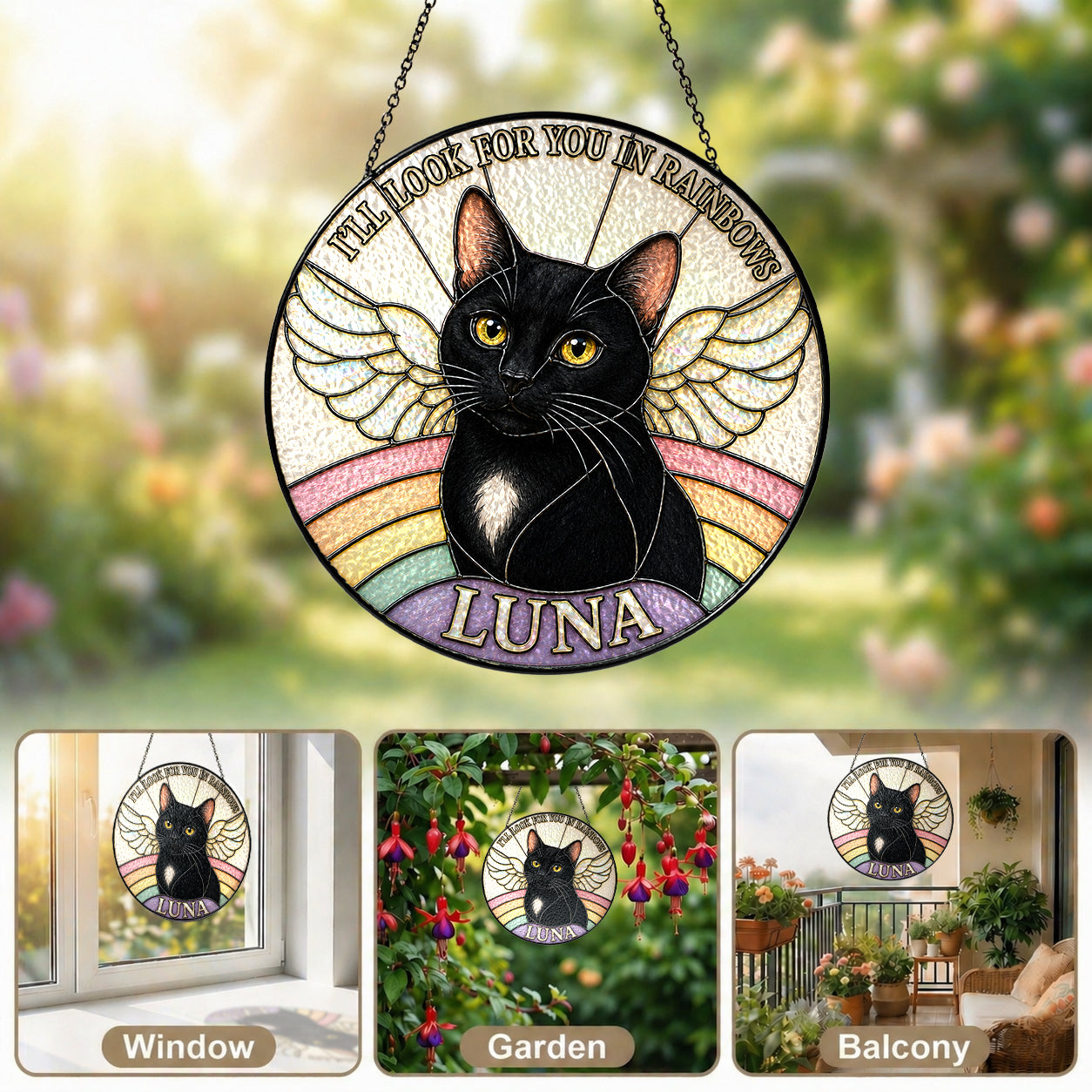 Personalized Cat Memorial Angel Wings Stained Glass Suncatcher