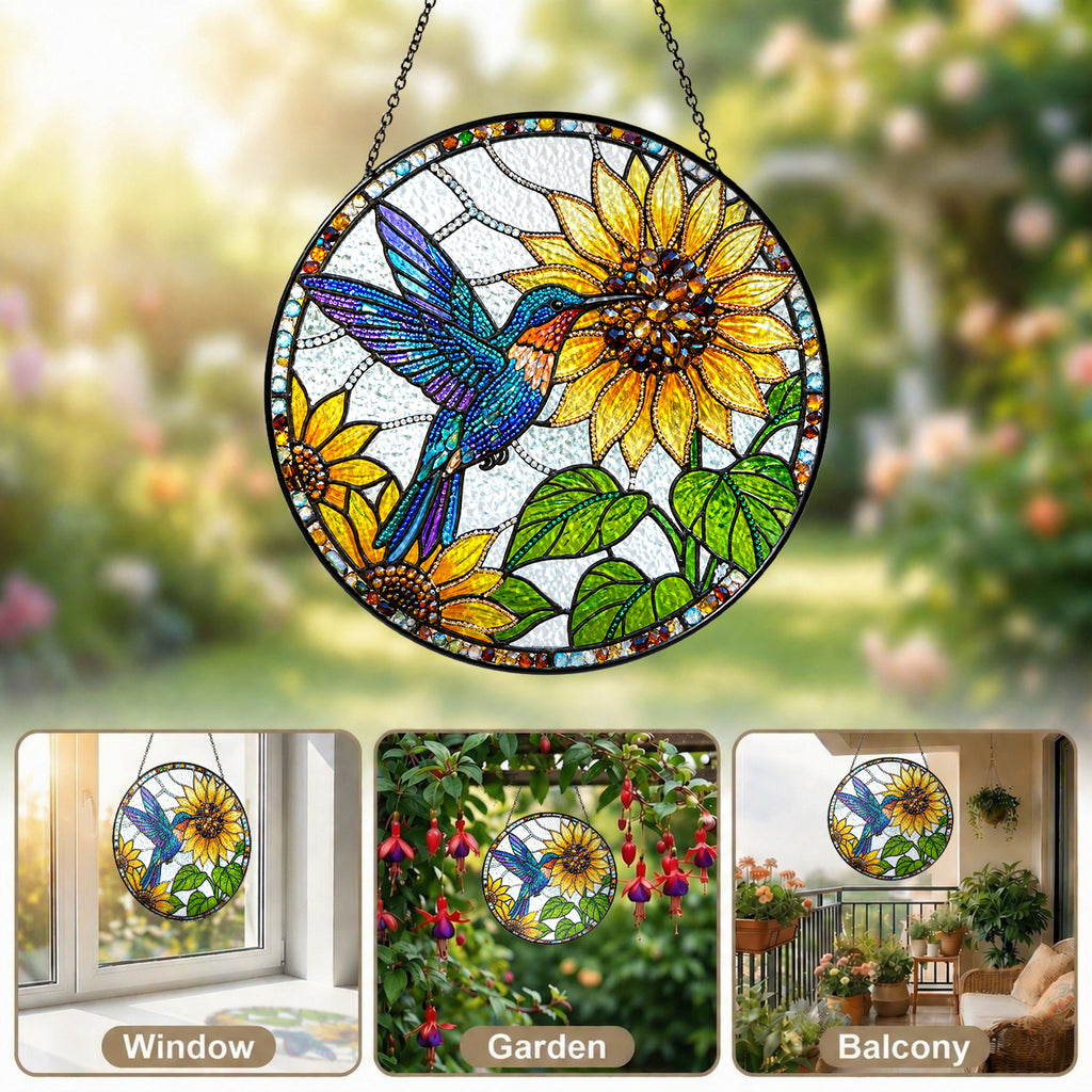 Hummingbird Sunflower Stained Glass Suncatcher