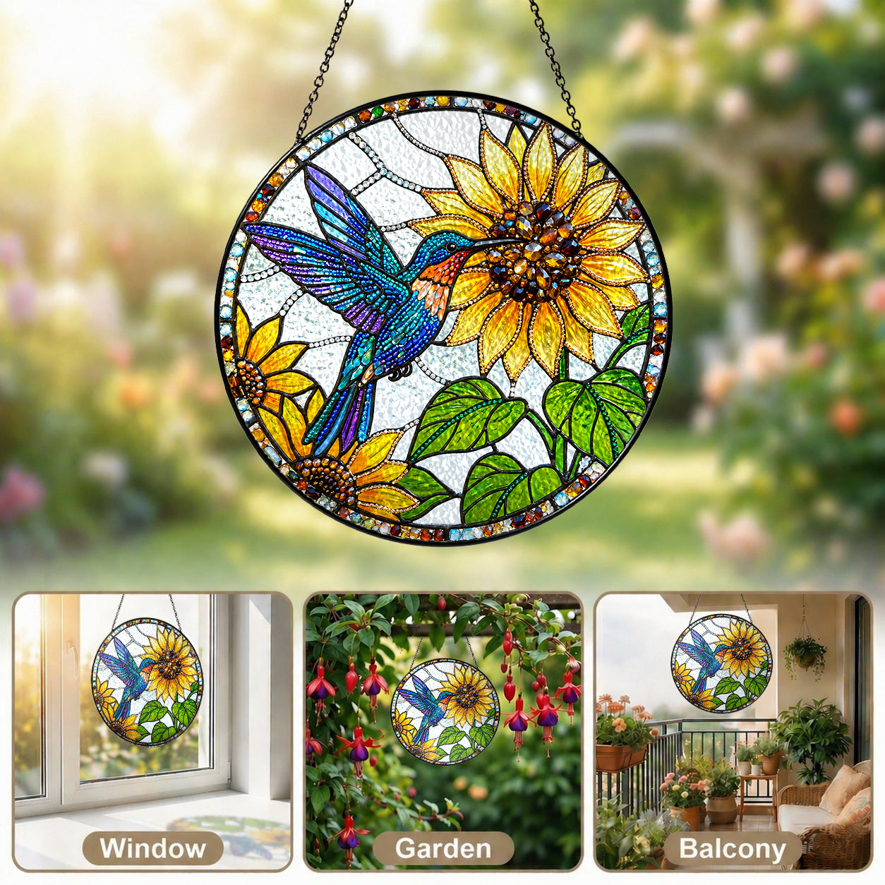 Hummingbird Sunflower Stained Glass Suncatcher