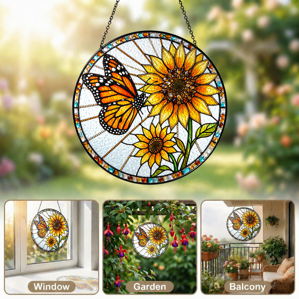 Monarch Sunflower Stained Glass Suncatcher