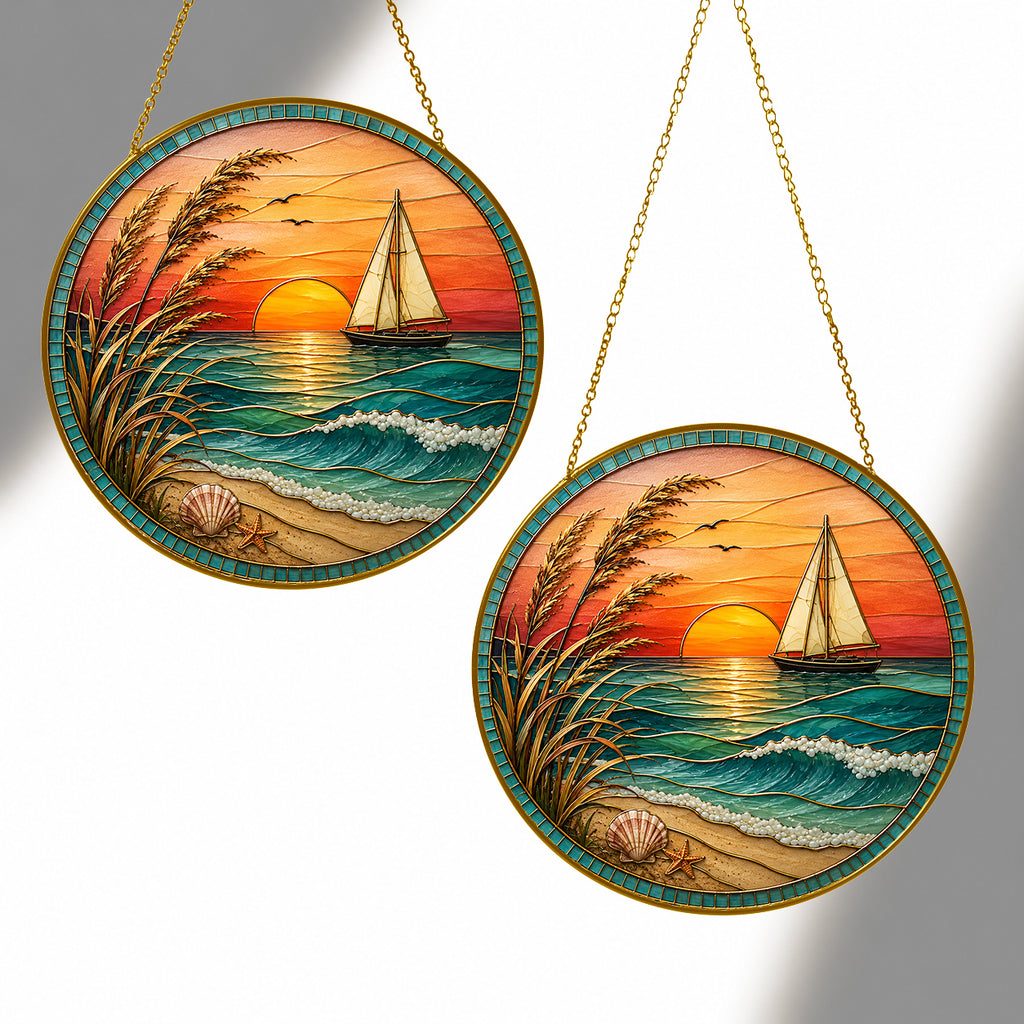 [ PIXIWOO] Stained Glass Suncatcher Sunset Sailboat Window Hanging Decor, Ocean Beach Acrylic Ornament, Coastal Beach House Wall Art, Nautical Sea Waves Sun Catcher Gift for Ocean Lovers